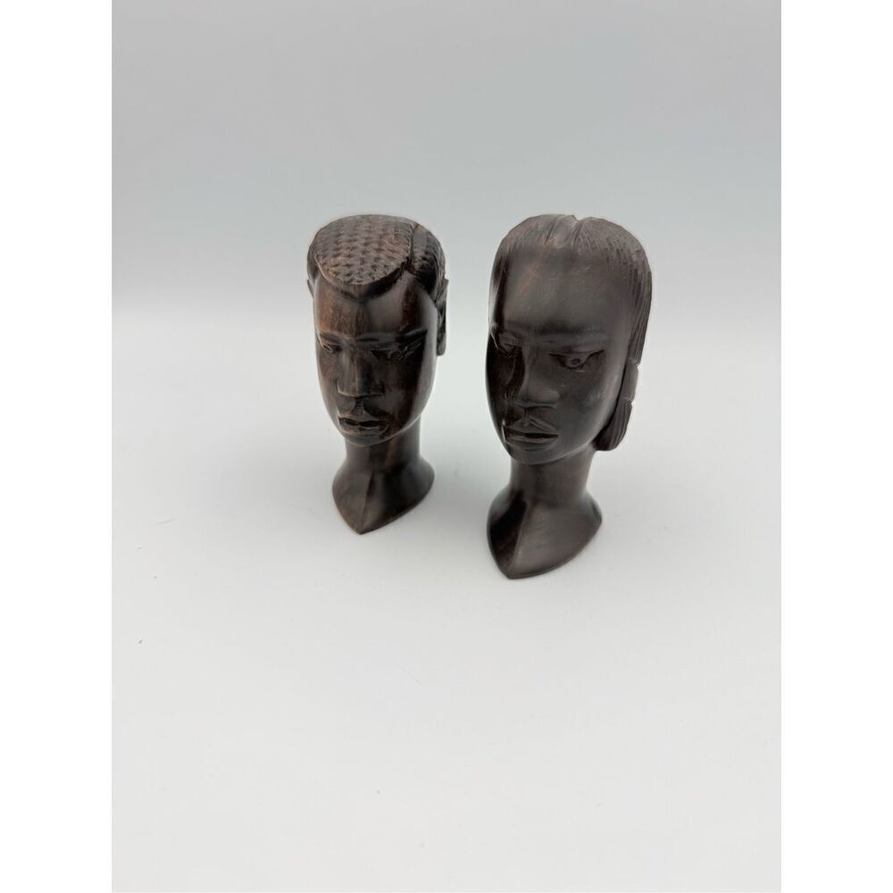 Handmade carved Pair Of African Wooden Busts Man And Woman In Ebony